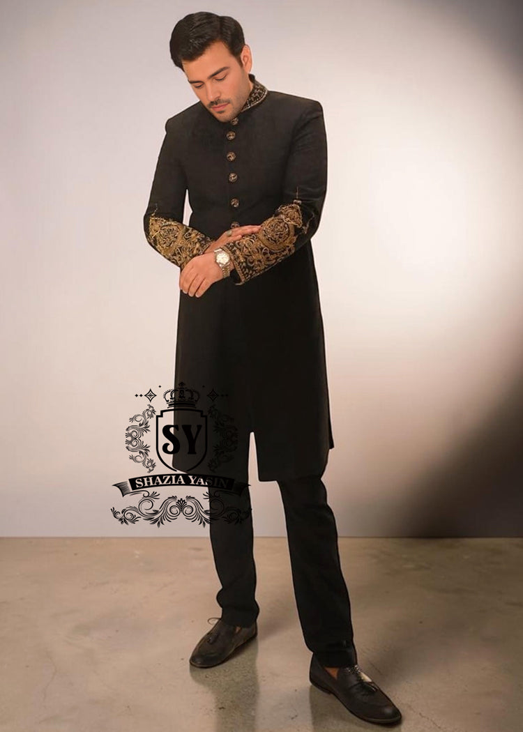 Draped in royalty. Tailored for the spotlight. Black Sherwani elegance elevated with intricate hand embroidery and timeless detailing.