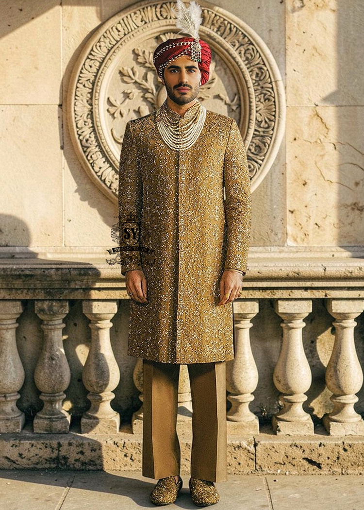 Latest Wedding Sherwani San Diego California USA Royal Golden Beige Premium Sherwani for Groom Pakistani