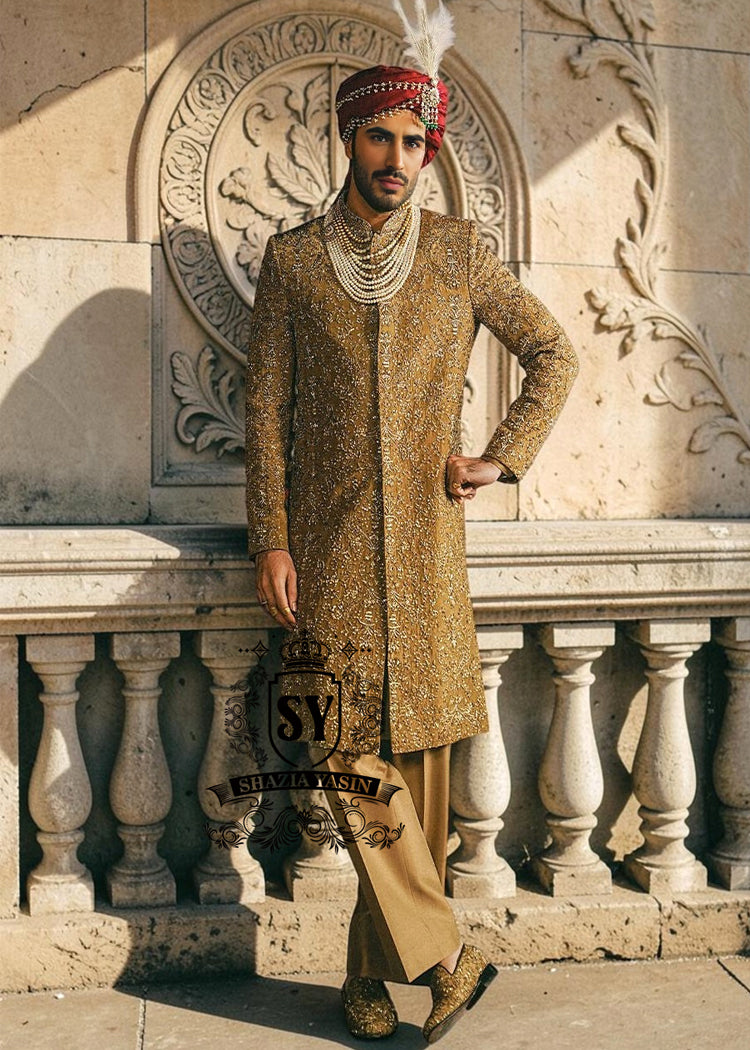 Latest Sikh Wedding Sherwani San Diego California USA Royal Golden Beige Premium Sherwani for Groom Pakistani