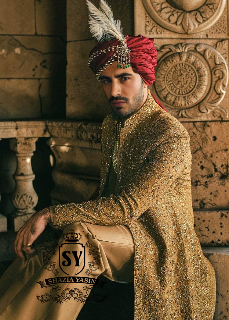 Latest Wedding Sherwani San Diego California USA Royal Golden Beige Premium Sherwani for Groom Pakistani
