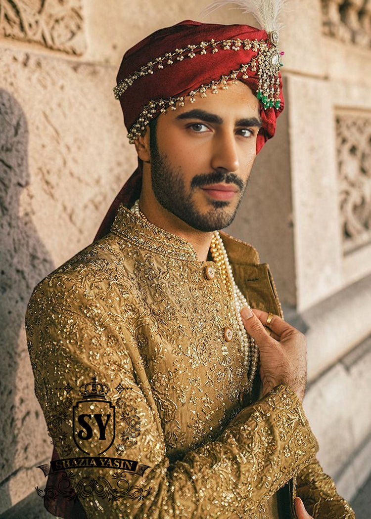 Latest Wedding Sherwani San Diego California USA Royal Golden Beige Premium Sherwani for Groom Pakistani