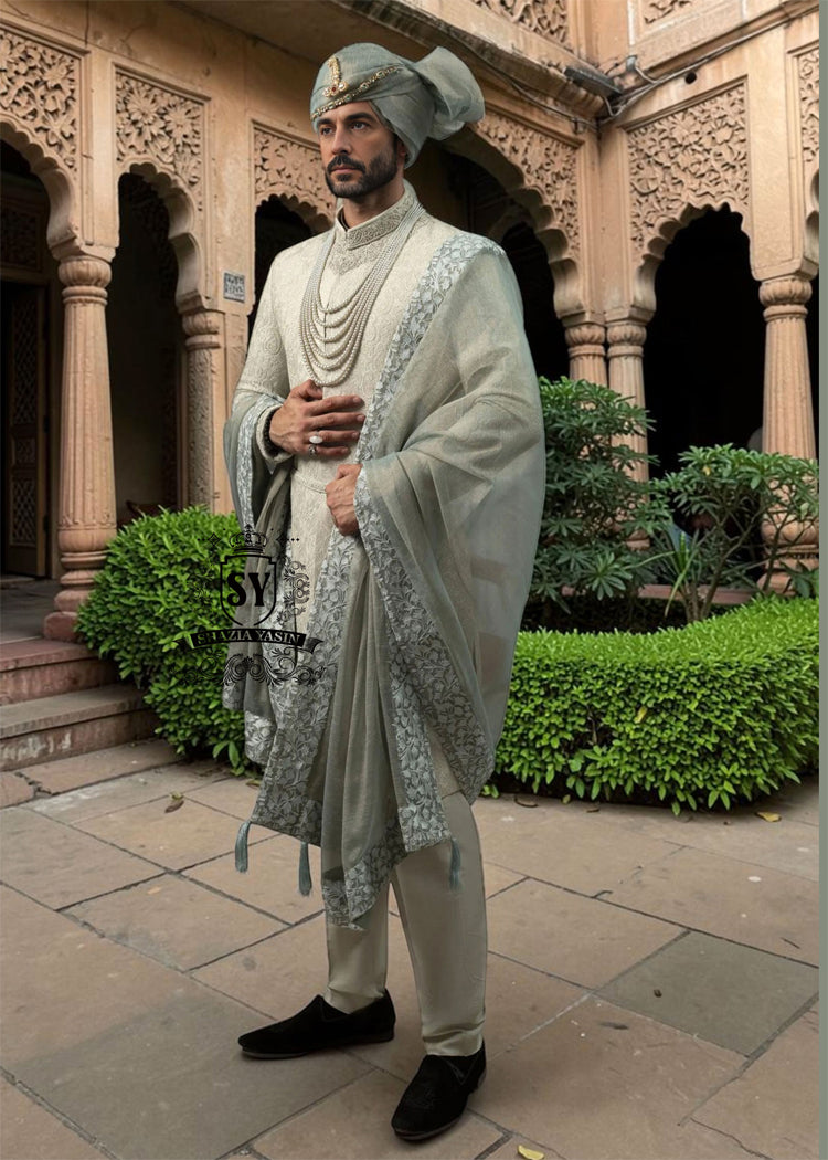 Luxury Sherwani Style for Men's Wedding Phoenix Arizona USA Designer Embroidered Light Green Sherwani for Groom
