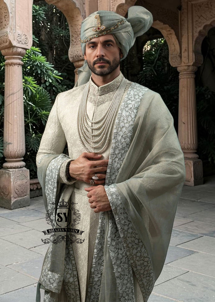 Luxury Sherwani Style for Men's Wedding Phoenix Arizona USA Designer Embroidered Light Green Sherwani for Groom