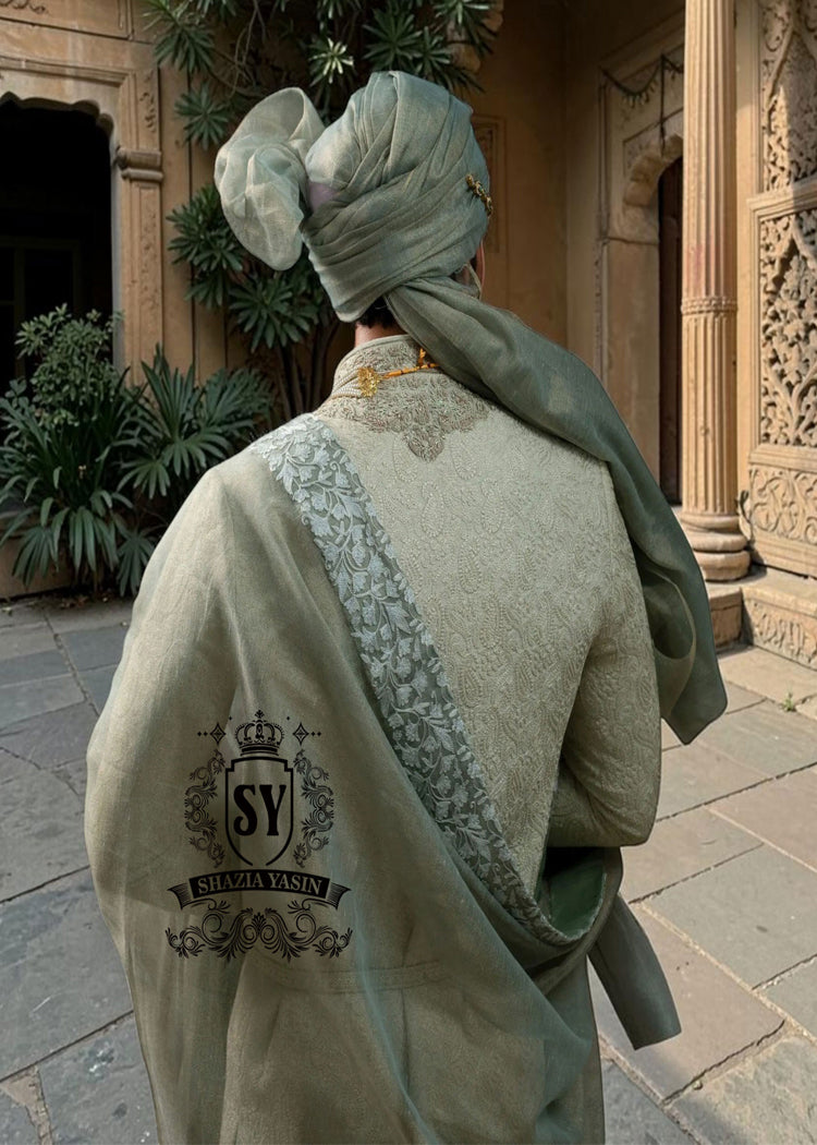 Luxury Sherwani Style for Men's Wedding Phoenix Arizona USA Designer Embroidered Light Green Sherwani for Groom