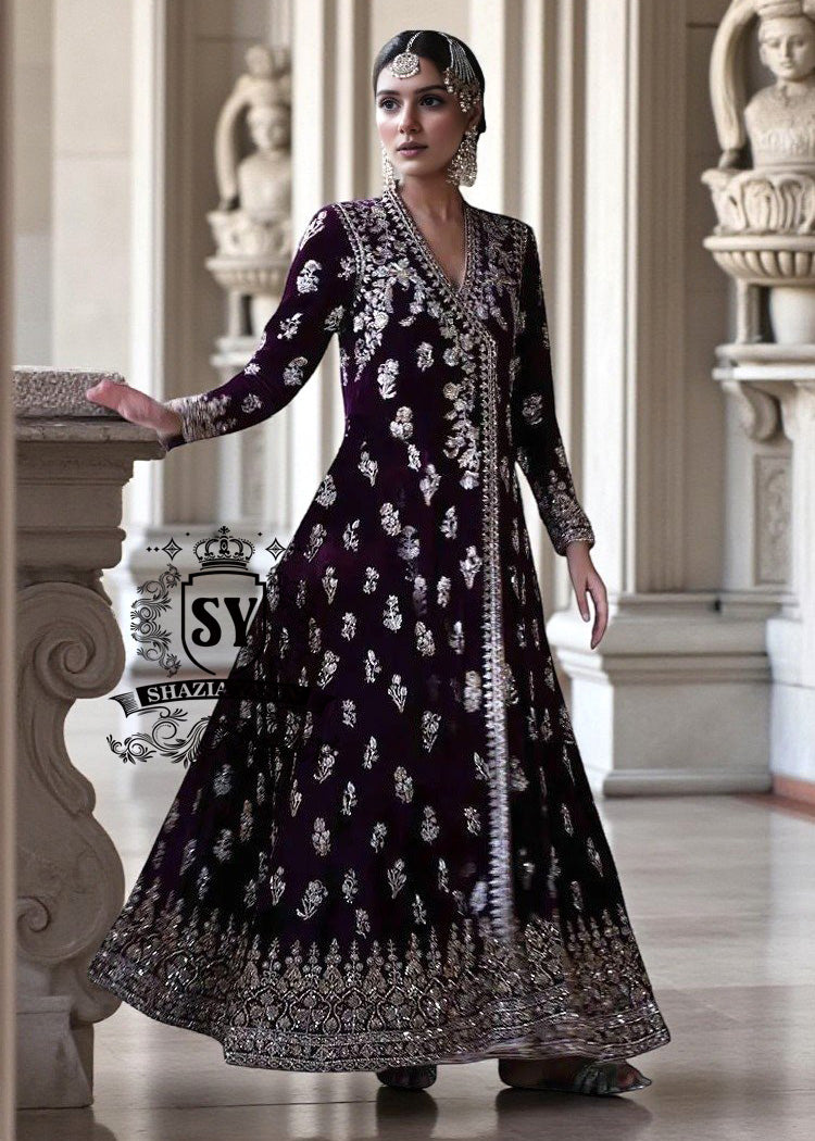 Modern Luxury Velvet Bridal Dresses Heavy Embellished Velvet Angrakha Designs Dansville New York USA Formal Dresses