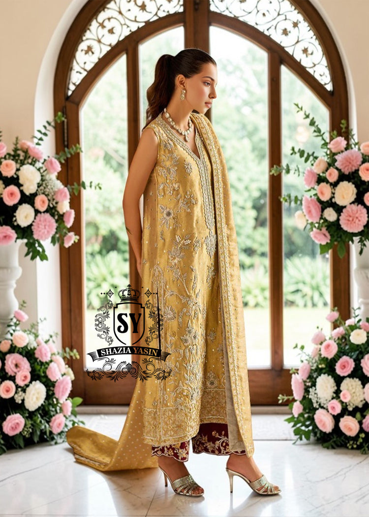 Get ready to make every occasion special with this gold straight shirt. The contrasting trousers are meticulously embroidered with intricate designs of mukesh, dabka, naksi, and zardozi, giving them a shimmering sparkle.