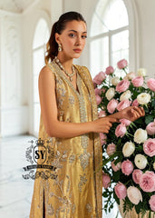 Get ready to make every occasion special with this gold straight shirt. The contrasting trousers are meticulously embroidered with intricate designs of mukesh, dabka, naksi, and zardozi, giving them a shimmering sparkle.