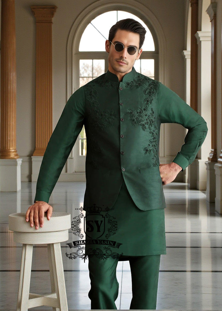 Heavy Embroidered Waistcoat Portsmouth Virginia USA Men's Emerald Green Waistcoats for Mehndi or Dholki