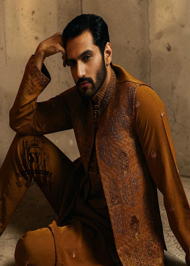 The pure elegance embodied in a Embellished waistcoat—a embroidered kurta pajama suit tailored for the groom basking in the spotlight.