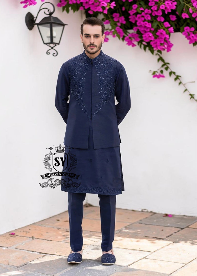 A stylish waistcoat crafted from luxurious navy blue raw silk fabric. The waistcoat itself, the front, and the sleeves are adorned with intricate threadwork and embroidery, giving it a refined and traditional feel.