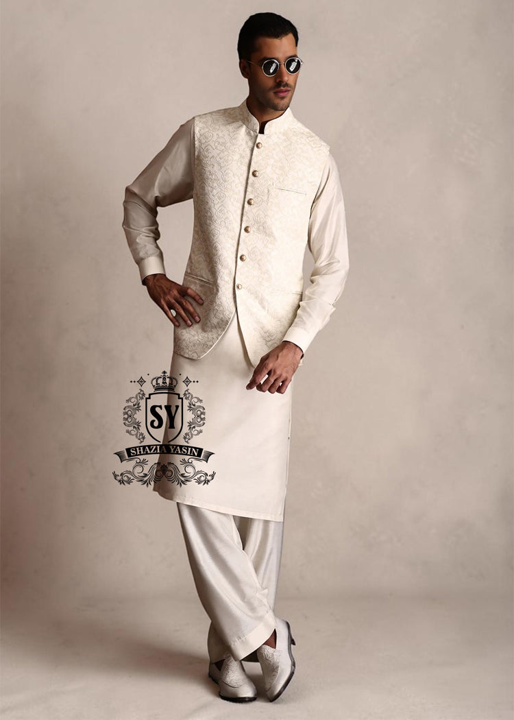 Elevate your look with this dazzling Off-White men's waistcoat. The Off-White self-embroidery adds a touch of luxury and sophistication. Perfect for any occasion, from Nikah to formal events and weddings, this waistcoat is sure to turn heads.
