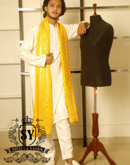Off white Mehndi Event Kurta Pajama with Yellow Embroidered Shawl