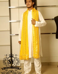 Off white Mehndi Event Kurta Pajama with Yellow Embroidered Shawl