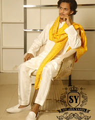 Off white Mehndi Event Kurta Pajama with Yellow Embroidered Shawl