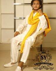 Off white Mehndi Event Kurta Pajama with Yellow Embroidered Shawl