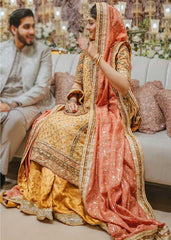Carrot Orange Hyderabadi Bridal Shirt and Lehenga with Coral Kamdani Dupatta