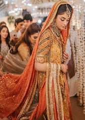 Carrot Orange Hyderabadi Bridal Shirt and Lehenga with Coral Kamdani Dupatta