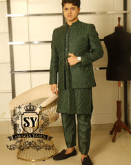 Poly Green waistcoat with kurta pajama suit latest collection for wedding and occasion