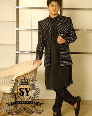 Best-seller black Mirror work embroidered Prince Coat is once again available for Wedding and Occasion in our Showroom