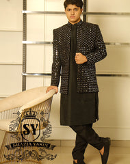 Best-seller black Mirror work embroidered Prince Coat is once again available for Wedding and Occasion in our Showroom