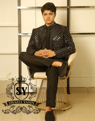 Best-seller black Mirror work embroidered Prince Coat is once again available for Wedding and Occasion in our Showroom