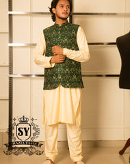 Green Floral detailing Groom Mehndi WaistCoat Style making its trend ways stronger