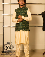 Green Floral detailing Groom Mehndi WaistCoat Style making its trend ways stronger