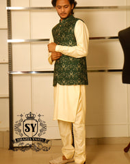 Green Floral detailing Groom Mehndi WaistCoat Style making its trend ways stronger